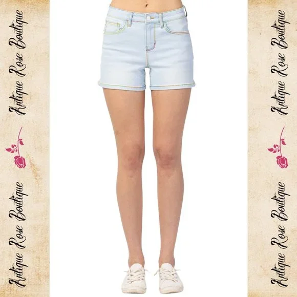 🌹 Judy Blue Rainbow Thread Mid Rise Shorts - Picture 1 of 11